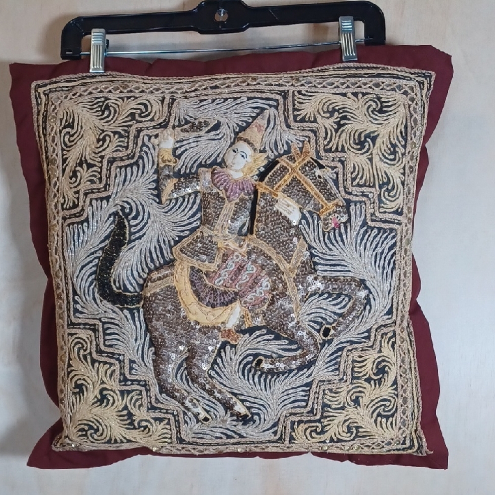 Handmade Vintage Bohemian Folk Art Cushion Embroidered Sequins Statement Decor
